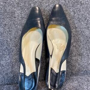 AMALFI Italian Leather Navy Slingback Pointed Toe Heels Womens 9.5 Black